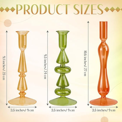 Mumufy 3 Pcs Thanksgiving Glass Candlestick Holders Thanksgiving Ball Shaped Glass Taper Candle Holder Amber Olive Honey Gold Fall Candle Stick Vase Decor for Holiday(9.1, 9.5, 10.6 inch,Cute)