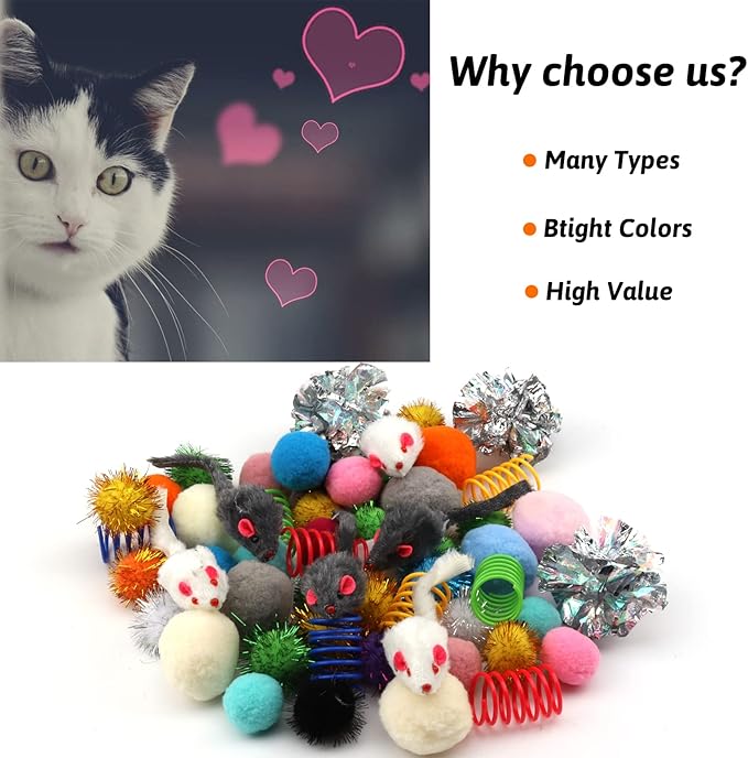 60 Pack Cat Toys - Assorted Kitten, Mouse, Crinkle & Pom Pom Balls-Mewly Pet