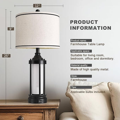 25'' Table Lamps for Bedroom Living Room Lamps Set of 2 Farmhouse Nightstand Bedside Lamps with USB Ports, Built-In Frosted Glass Night Light Industrial Metal Night Stand Lamp, Bulbs Included, Black