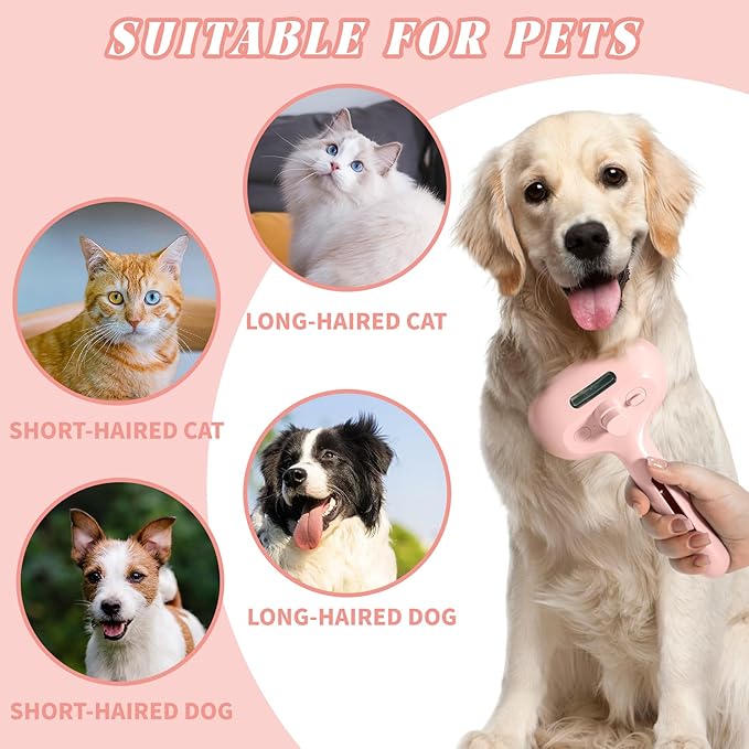 Self-Cleaning Spray Cat Brush for Shedding, Removes Static Flying Hair, and Works Wonders for Both Long and Short-Haired Pets 2 In 1 Cleaning Brush for Cats And Dogs Grooming (pink)-Mewly Pet