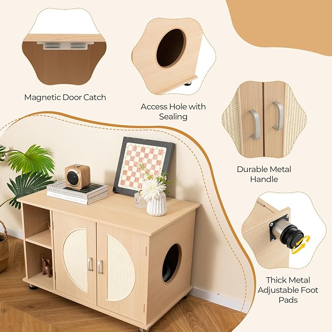 Tangkula Litter Box Enclosure, Hidden Cat Washroom with Storage Shelf, Sisal Scratching Doors, Adjustable Metal Feet, Modern Cat Litter Cabinet Storage Bench, Enclosed Litter Box Furniture (Natural)-Mewly Pet
