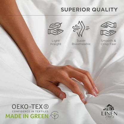 Linen Home 100% Cotton Percale Sheets Full Size, White, Deep Pocket, 4 Pieces Set - 1 Flat, 1 Deep Pocket Fitted Sheet and 2 Pillowcases, Crisp Cool and Strong Bed Linen