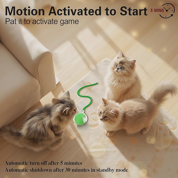 Interactive Cat Toys Ball for Indoor Cats, Automatic Agile Rolling Cat Ball with Elastic Mesh Tail, Bird Chirping & Motion Activated, 2 Tail Accessories, Kitten Toy for Bored (Green)-Mewly Pet