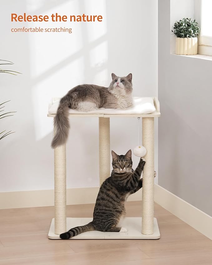 FourFurPets 26.7in Large Cat Tree Tower Condo, Cat Scratch Posts for Indoor Cats, Big Plate, Three 23.6in Full Sisal Scratching Posts, White-Mewly Pet