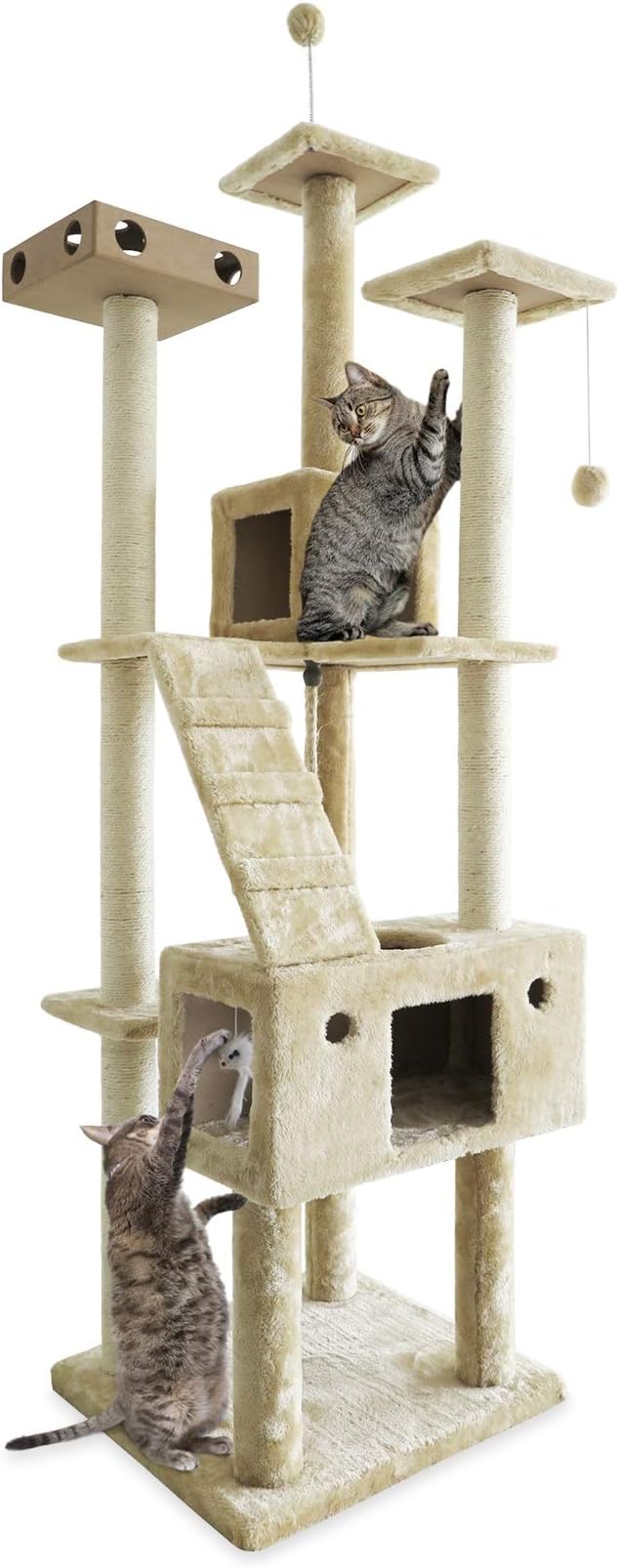 Furhaven 69.3" Tall Cat Tree for Indoor Cats, Ft. Sisal Scratching Posts, 2x Cat Condos, & Toys - Tiger Tough Double Decker Interactive Playground Tower - Cream, One Size-Mewly Pet