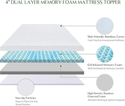 Novilla 4 Inch King Size Mattress Topper, Medium Firm Memory Foam Mattress Topper, Gel Infused for Motion Isolation & Pressure Relieving, with Breathable Cover, King Size,White