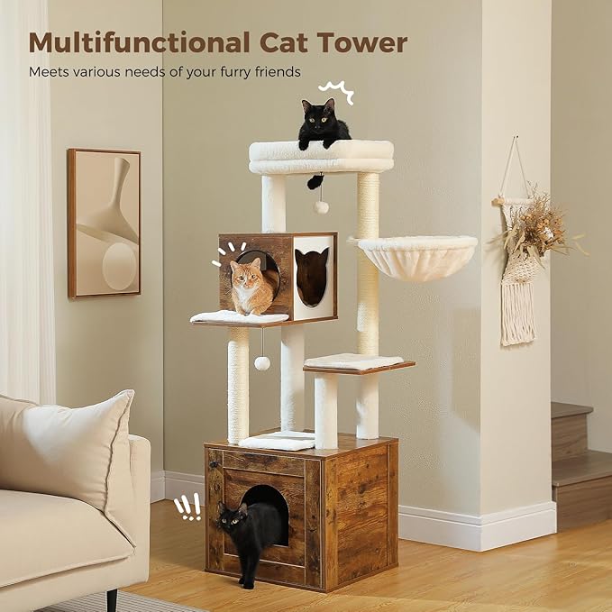 PEQULTI 57.5" Cat Tree with Litter Box Enclosure Large, Wood Cat Tower for Indoor Cats with Storage Cabinet and Cozy Cat Condo, Sisal Covered Scratching Post and Repalcable Dangling Balls, Brown-Mewly Pet