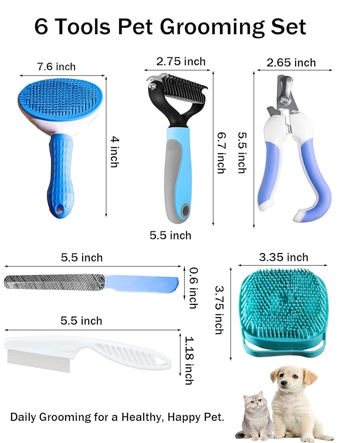 6ps Dog Cat Brush Grooming Kitf, Dog Cat Brushes, Bath Brush, Dematting Rake and Comb, Nail Clipper, Nail File, Flea Comb (Blue 6 Kits)-Mewly Pet