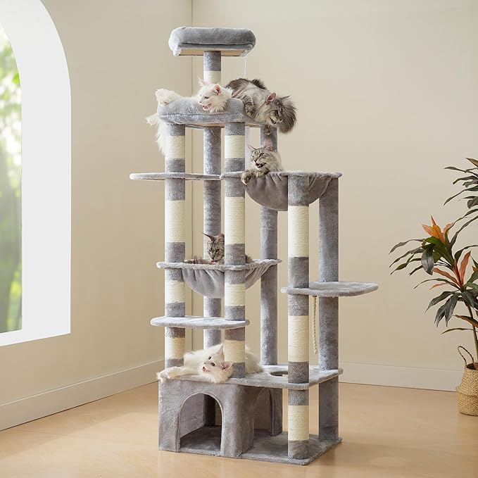 Heybly Heavy Duty Cat Tree, 71-Inch Tall Tower for Large Maine Coon with Extra-Large Baseboard, Cat Condo Furniture with Multi-Level Platforms, 2 Hammocks and 12 Scratching Posts, Light Gray HCT037W-Mewly Pet