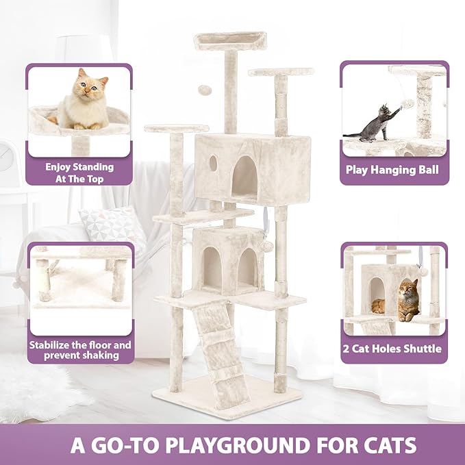 70 Inches Cat Tower for Indoor Cats Multi-Level Cat Condos XL Cat Tree Climbing Tower with Scratching Posts, Hanging Toys, Beige-Mewly Pet