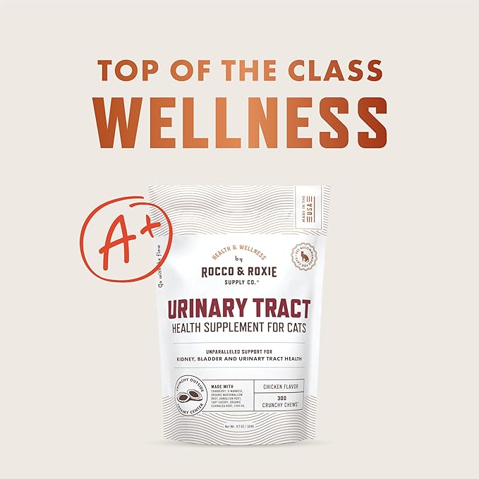 Rocco & Roxie Cat Urinary Tract Health Supplement, Cranberry and D-Mannose for Kidney, Bladder, and UT Support, Vet Recommended Chicken Flavored Crunchy Chews Cats Love, Made in USA-Mewly Pet