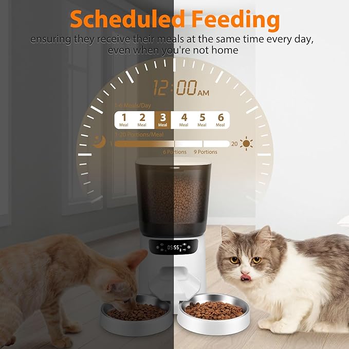 Automatic Cat Feeder and Water Fountain, 5L/20 Cups Timed Cat Dry Food Dispenser, 10s Meal Call, 20 Portions 6 Meals Per Day, 2L Cats Fountains for Drinking with Filter, Pet Feeder for Dog-Mewly Pet