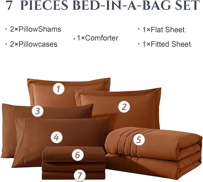 Monbix Full Comforter Set - 7 Pieces Burnt Orange Bed in a Bag Full Size Bedding Sets with Comforters, All Seasons Down Alternative Comforter with Sheets,Pillowcases & Shams