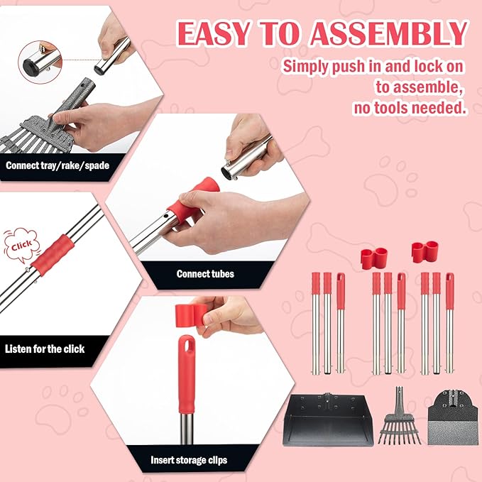 Dog Pooper Scooper Set, Pooper Scooper for Dog, Heavy Duty Stainless Steel Rake with Extra Large Tray & Spade No Bending Clean Up for Pet Waste Removal, for Grass, Dirt Or Gravel.-Mewly Pet