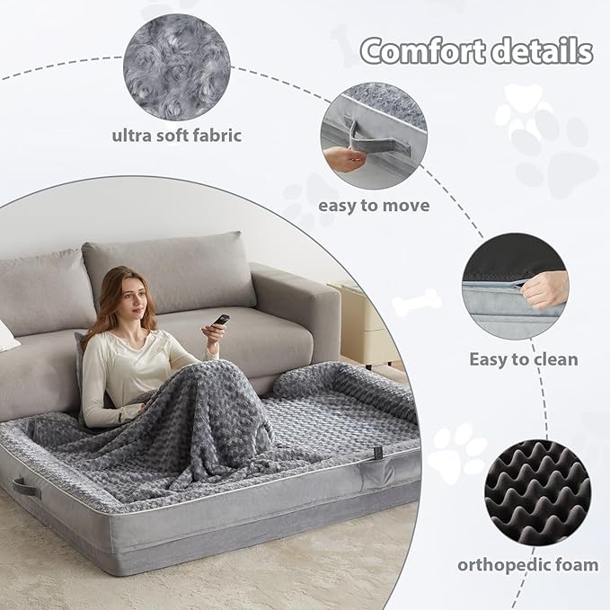 WNPETHOME Human Dog Beds for People Adults, Washable Faux Fur Nap Bed Adult Oval for People, Calming Human Size Giant Dog Bed Fits Pet Families with Storage Pocket Grey-Mewly Pet