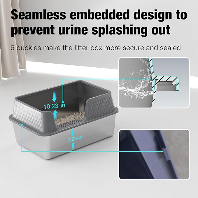 Suhaco Stainless Steel Litter Box Side Entry, Kitty Litter Mat and White Scoop Included Covered Metal High Sided Extra Large Cat Litter Box with Lid Removable Enclosure for Medium Cats (Tall Grey)-Mewly Pet