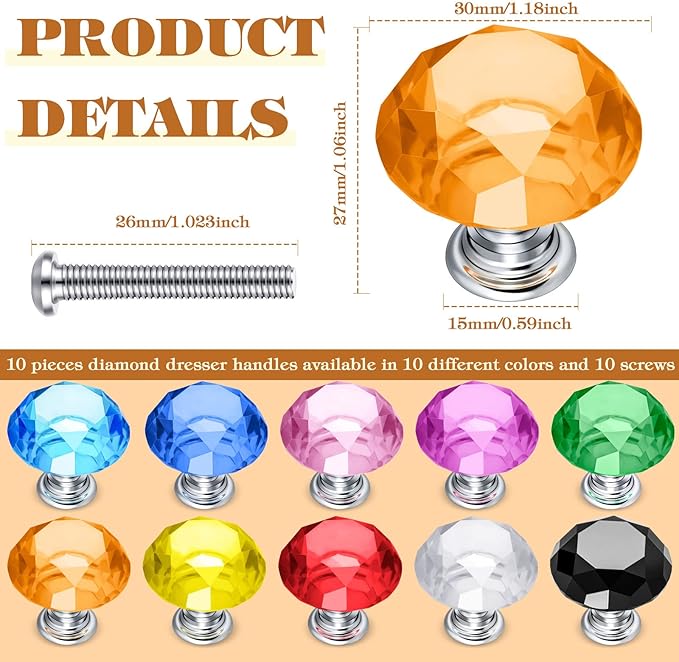 Youyole 10 Pcs Dresser Crystal Knobs 30mm Glass Pull for Cabinets and Drawers Knobs for Dresser Drawers and Kitchen(Classic Style)