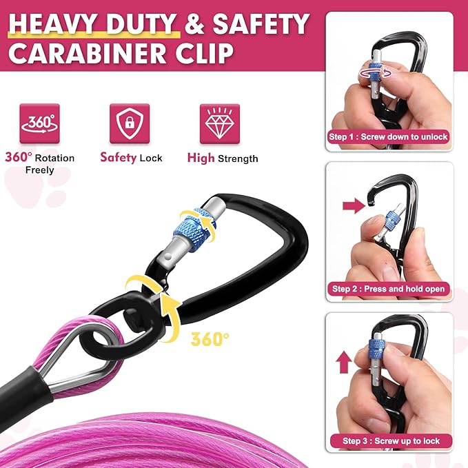 Snagle Paw Heavy Duty Long Leads for Yard 200FT-1000LBS Break Strength, Tie Out Cable With Swivel Lockable Hook & Spring, Chew Proof Chain for Outside, Run Cable for Medium Large Dogs-Mewly Pet