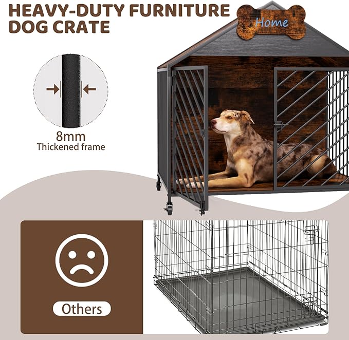 Furniture-Style Dog Crate with Gable Roof Design, Double Locking Doors Indoor Kennel for Small & Medium Dogs, Chew-Proof Escape-Proof Dog Cage, Rustic Brown-Mewly Pet