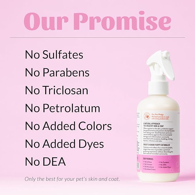 Skout's Honor Pet Detangler Spray - Hydrating & Conditioning with Avocado Oil & Probiotics, 97% Natural, Paraben & Sulfate-Free, softens for a More brushable Coat, Daily Use, 8oz, Happy Puppy-Mewly Pet