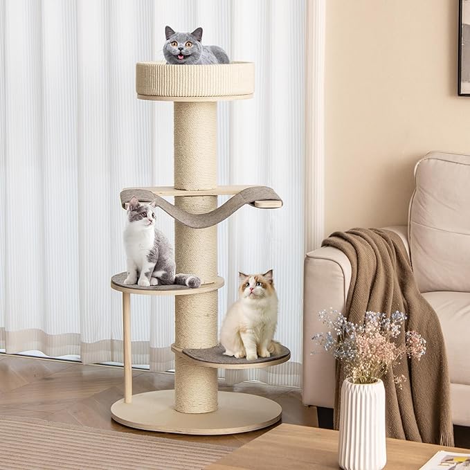 Tangkula Wood Cat Tree, 47 Inch Multi-Layer Cat Tower with 5.7” Thicker Sisal Covered Scratching Posts & Carpet, Padded Top Perch, 2 Jumping Platforms, Hammock, Modern Cat Tree Tower for Indoor Cats-Mewly Pet