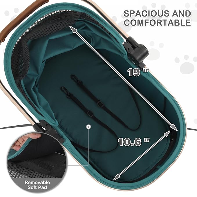 MoNiBloom 3 in 1 Pet Stroller with Adjustable Handle, Jogging Stroller w/Detachable Carrier & Lightweight Aluminum Frame for Dogs Cats, Hunter Green-Mewly Pet