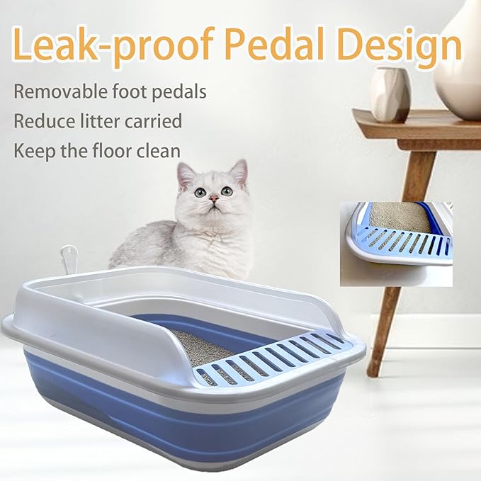 Collapsible Kitten Litter Box, Open Small Cat Litter Box with High Side Shallow Kitten Litter Pan Anti-Splashing Waterproof Low Entry Travel Litter Pan with Falling Sand Pedal-Mewly Pet
