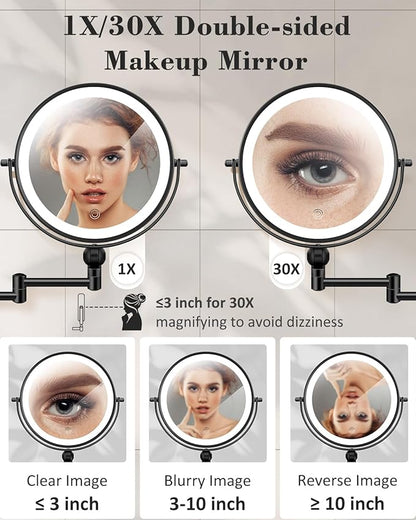 30X/1X Wall Mounted Lighted Makeup Mirror, 9'' Height Adjustable Double Sided 5000mAh Rechargeable Magnifying Bathroom Mirror with Light, 3 Color Modes Touch Dimmable Extended Arm 360 Rotation