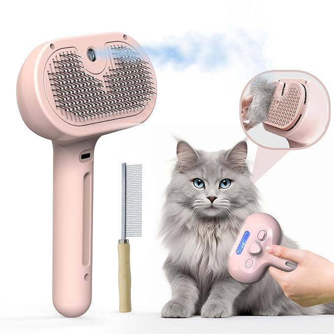 Pet Grooming Brush with Electronic Mist Spray - Gentle Deshedding Tool for Cats & Dogs, Pet Steam Brush，Reduces Shedding, Soft Bristles, Promotes Healthy Coat-Comes with a hair smoothing comb-Red-Mewly Pet