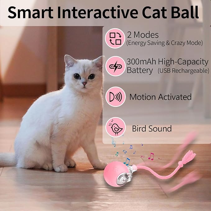 Interactive Cat Toys, Automatic Moving Cat Toys for Bored Indoor Adult Cats, Fast Rolling, Chirping & Motion-Activated Kitty Toys, Fun Gift for Cats with Speedy Tail 2.0, USB Rechargeable,Pink-Mewly Pet