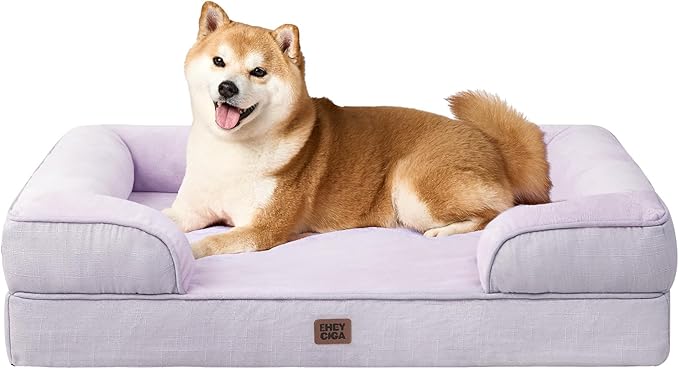 EHEYCIGA Orthopedic Dog Beds Large Sized Dog, Waterproof Memory Foam Pet Bed with Sides, Non-Slip Bottom Large Pet Bed with Washable Removable Cover, Lilac-Mewly Pet