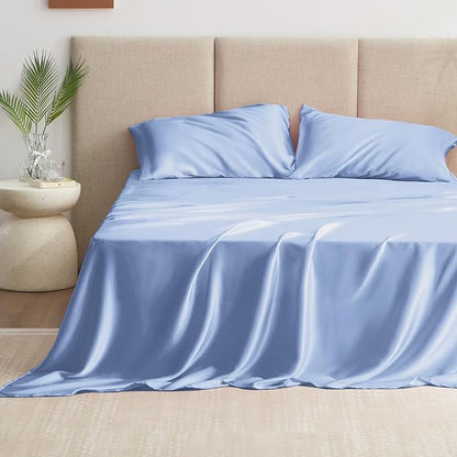 Love's cabin Satin Sheet Set - 3 Piece Sky Blue, Luxury Silky Feel, Twin Size, Deep Pockets, Wrinkle Resistant