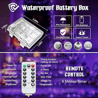 JMEXSUSS 2 Pack Christmas Fairy Lights Battery Operated, Total 200 LED 66ft Purple Christmas Lights with Remote, 8 Modes Twinkle String Lights Light for Halloween Tree Indoor Outdoor Decorations