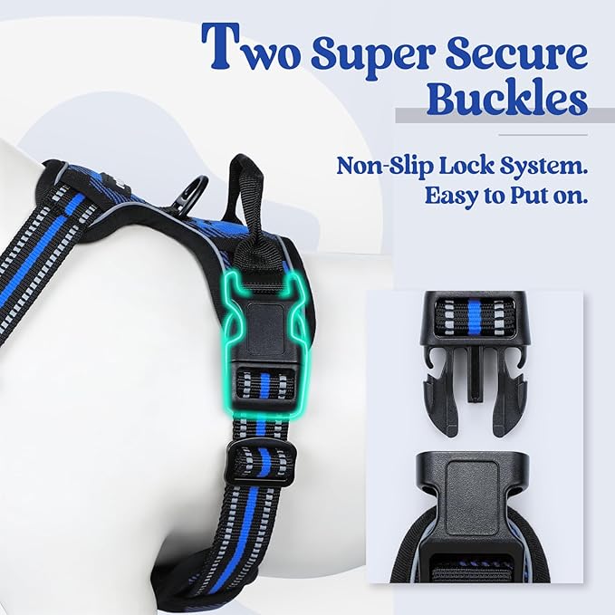 rabbitgoo Dog Harness No Pull with 2 Leash Clips, Adjustable Soft Padded, Reflective Oxford No Choke Pet Vest with Easy Control Handle for Medium Sized Dogs, Blue Plaid, M-Mewly Pet