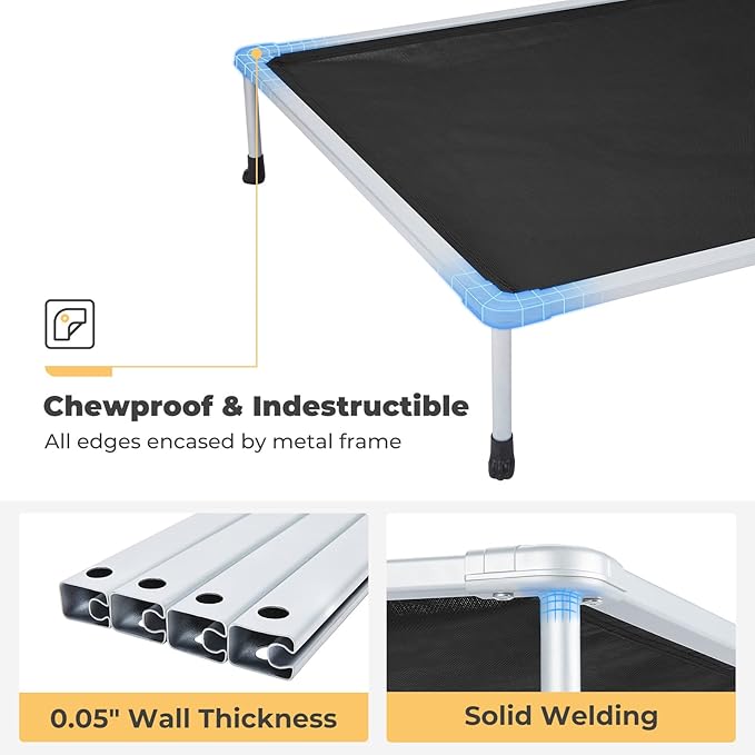 Veehoo Chewproof Elevated Dog Bed - Cooling Raised Pet Cot, Breathable Mesh, Washable & Non-Slip for Medium Dogs, Indoor/Outdoor, Black Mat and Silver Metal Frame, 32x25inches (Model CWC2203B03)-Mewly Pet