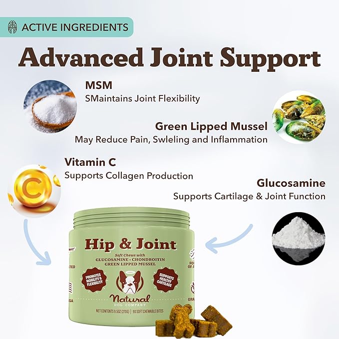 Natural Dog Company Hip & Joint Chews, Chicken Liver & Turmeric Flavor, with Glucosamine Chondroitin for Dogs, Maintains Bone and Joint Health, Supplements for Seniors and Puppies, 90 Count-Mewly Pet