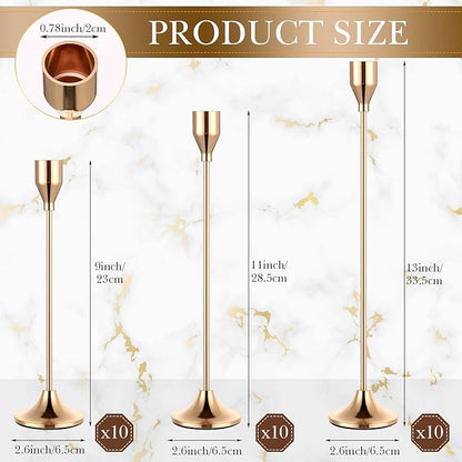 Mumufy 30 Pcs Candle Holders Taper Candlestick Metal Tall Candle Holders Table Centerpieces for Wedding Party Home Decorations, Fits 3/4'' Thick(Gold)
