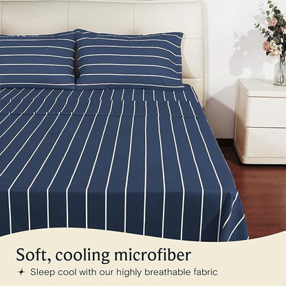 LuxClub 4 PC Full Size Sheet Set Bed Sheets, Breathable Luxury Deep Pockets Wrinkle Free Cooling Sheets Machine Washable Hotel Bedding (Full, Striped Navy)