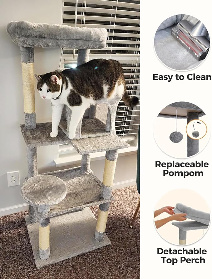 Cat Tree for Large Cats Adult with Metal Plush Big Hammock, 56.3" Cat Tower with 2 Door Condo House, 6-Tier Cat Shelves with Scratching Posts and Large Top Perch, Gray-Mewly Pet