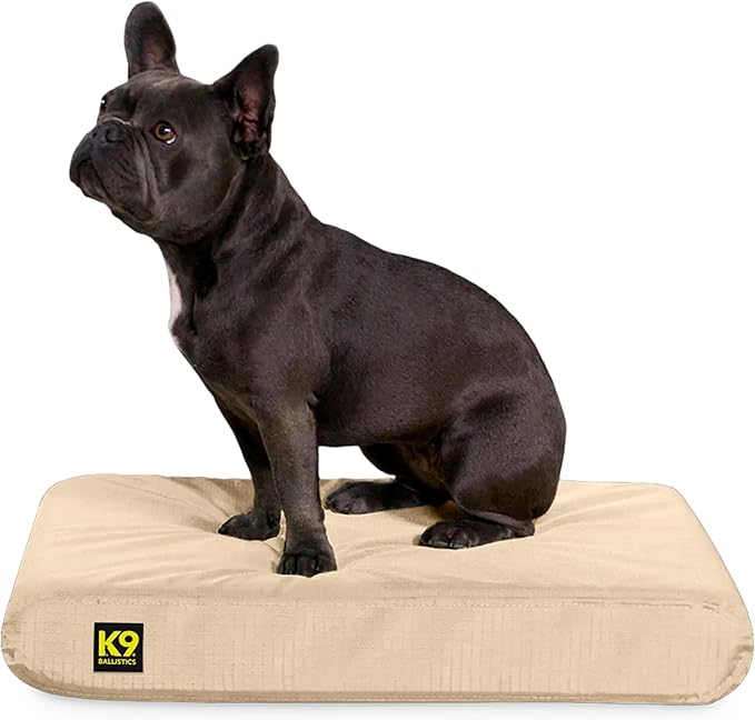 K9 Ballistics Tough Rip-Stop Orthopedic Rectangle Dog Bed Removable Washable Cover, Solid Orthopedic Foam for Size S Dogs 24"x18", Sandstone-Mewly Pet