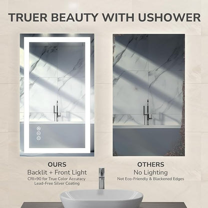 USHOWER LED Bathroom Mirror 72x36 Inch Over Sink - Frameless Tempered Glass LED Backlit Lighted Mirror for Bathroom Vanity with Anti-Fog, 3 Colors Dimmable, Memory Function, Wall-Mounted