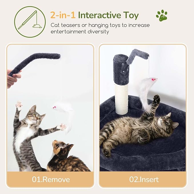 Globlazer Large Cat Tree Tower, Tall Cat Tree Condos for Indoor Cats Large Adult Cat Climbing Tower with 2 Spacious Caves, Oversized Top Perch, Big Hanging Basket, Cat Teaser Wand, F74B, Dark Grey-Mewly Pet