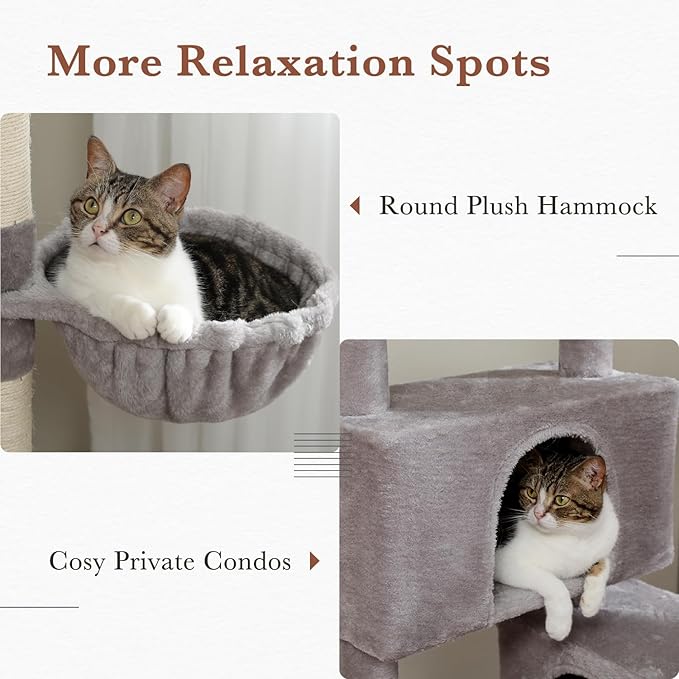 PAWZ Road Cat Tree, 60 Inches Cat Tower with Dual Condos, Spacious Perch, Cozy Basket and Sisal-Covered Scratching Posts for Indoor Cats- Gray-Mewly Pet