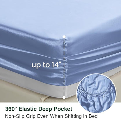 Love's cabin Satin Queen Sheets Set - 4 Piece Sky Blue Silky Bed Sheets with Deep Pocket, Luxury Silk Feel Satin Queen Size Sheet Set (1 Flat Sheet,1 Fitted Sheet,2 Pillow Cases)
