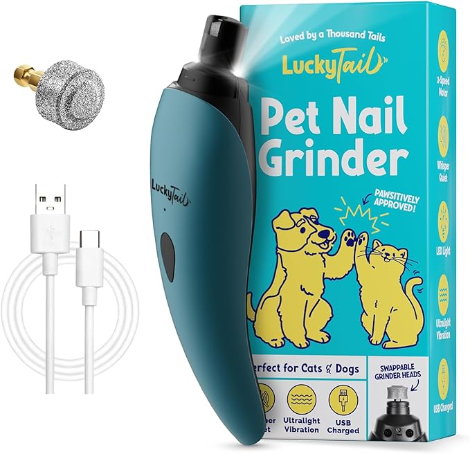 LuckyTail Pet Nail Grinder for Dogs and Cats - Super Quiet and Low Vibration Electric Dog Nail Grinder with 2 LED Lights - USB Rechargeable and Cordless - 2 Speeds - Small to Large Pets - Teal-Mewly Pet