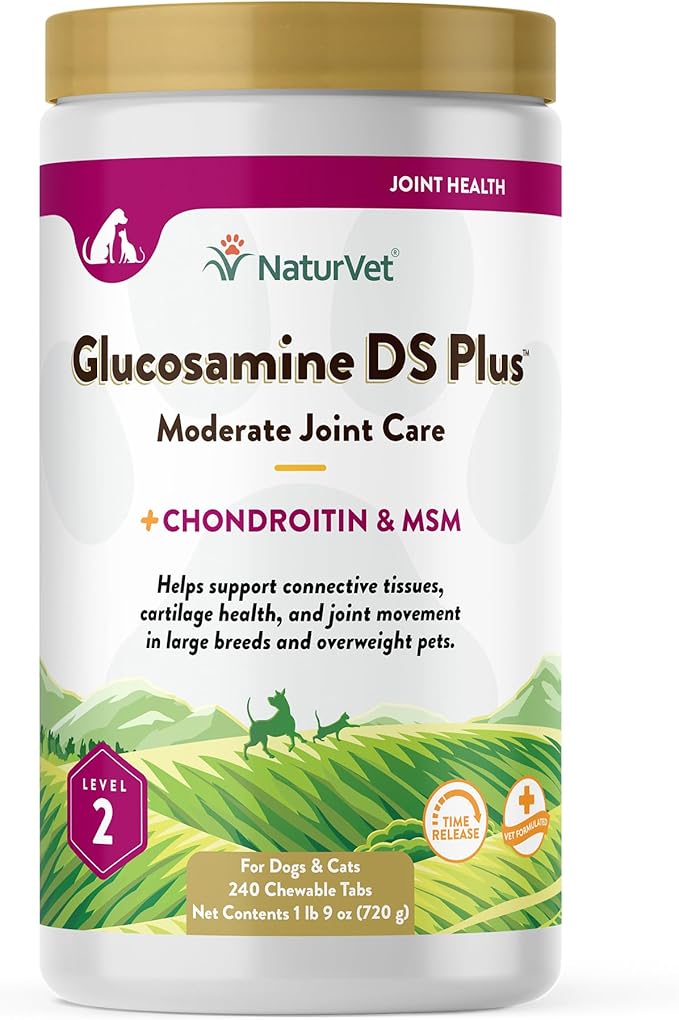 NaturVet Glucosamine DS Plus Level 2 Moderate Care Joint Support Supplement for Dogs and Cats, Chewable Tablets Time Release, Made in The USA, 240 Count-Mewly Pet