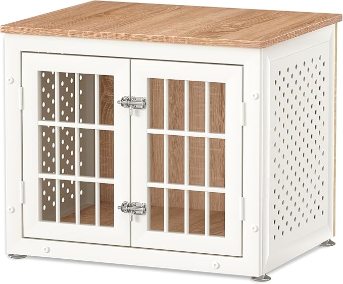 26" Heavy Duty Dog Crate Furniture for Small Dogs, Metal Kennel for High Anxiety Dogs, Chew Proof Pet Cage Indoor, Decorative Dog Kennel End Table,White-Mewly Pet