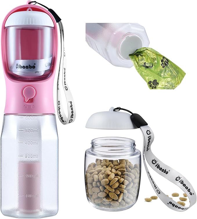 Dog Water Bottle with Food Container & Poop Bag Holder, Travel Water Bowl, Portable Pet Dispenser, Girl Dog Accessories Stuff Items Essentials Gift for Yorkie Chihuahua Walking Hiking-Mewly Pet