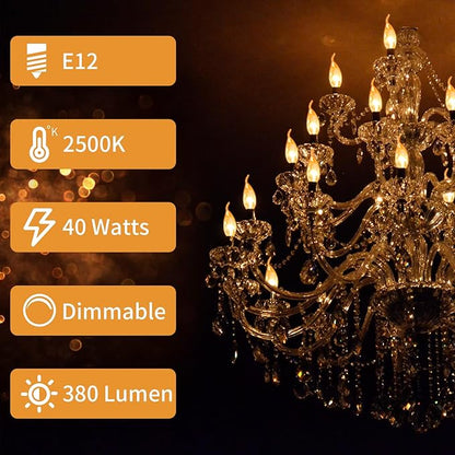 20-Pack E12 Candle Light Bulbs 40W Warm White 2500K, 380 Lumen Dimmable Chandelier Light Bulbs for Ceiling Fan, Pendants or Outdoor, CA10 Clear Candelabra Base Bulbs