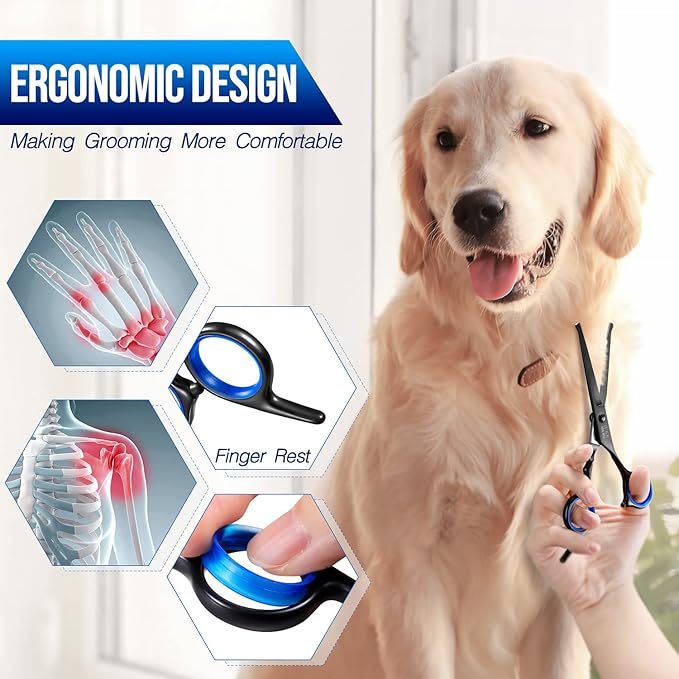 Gimars Dog Grooming Scissors Kit Professional 4CR with Safety Round Tip, 5 in 1 Heavy Duty Titanium Coated Thinning & Curved & Straight Shears-Mewly Pet